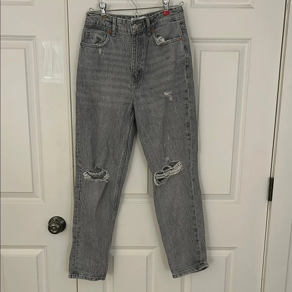 Zara Grey Distressed Jeans size 4 straight leg ripped denim - Picture 1 of 5